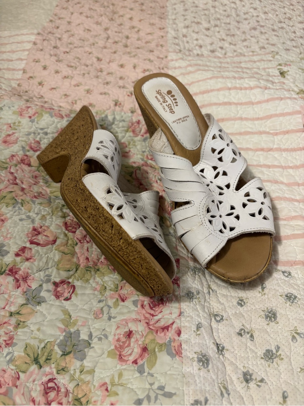Spring Step White Leather Floral Cutout Cork Wedge Mules